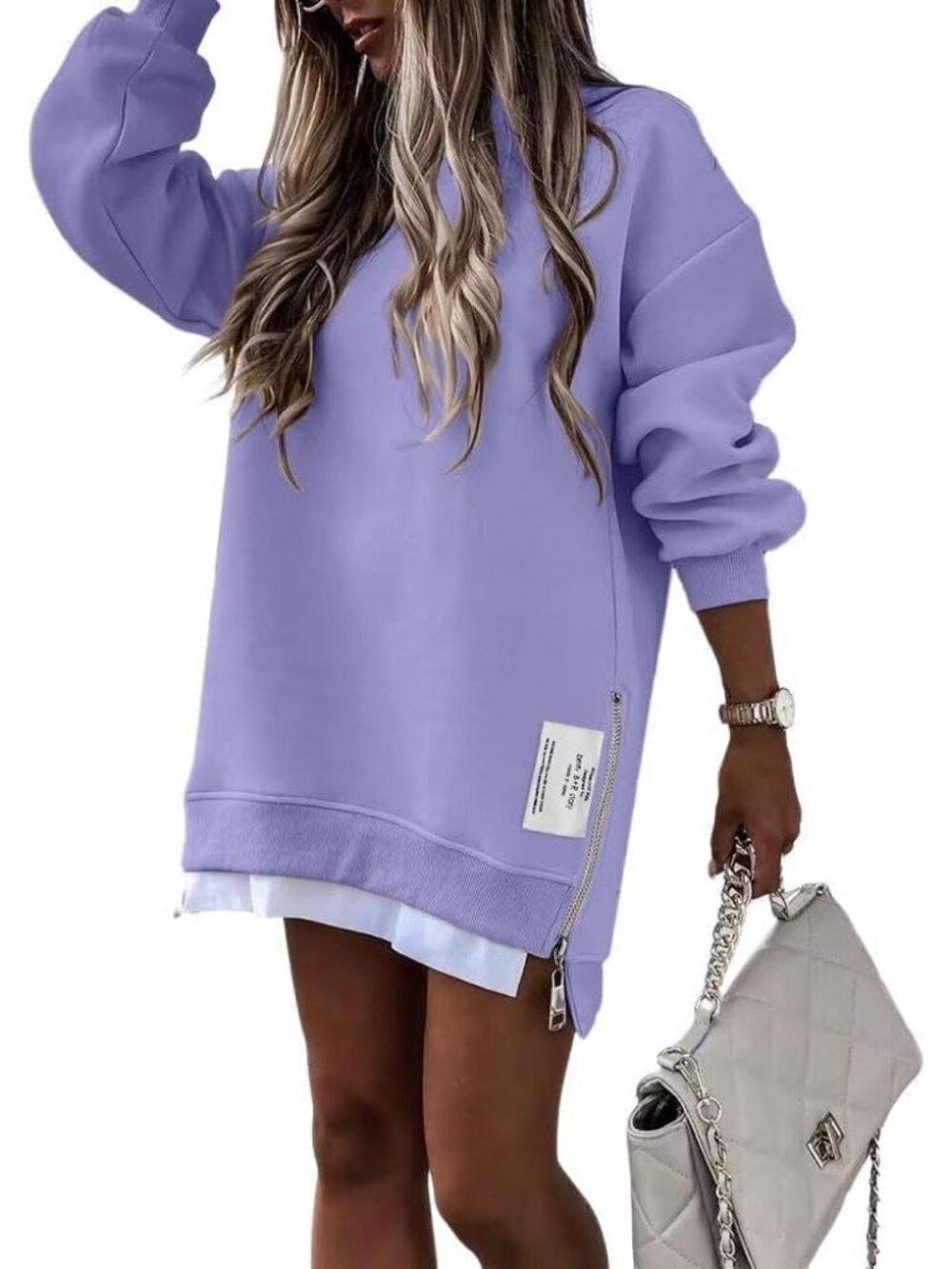 Women's Purple Side Zipper Slit Pullover Top Oversized Crewneck Sweatshirts